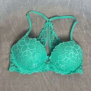 3/$20💥 Victoria’s Secret PINK Bra Teal Blue Lace Date‎ Racerback Padded Push Up